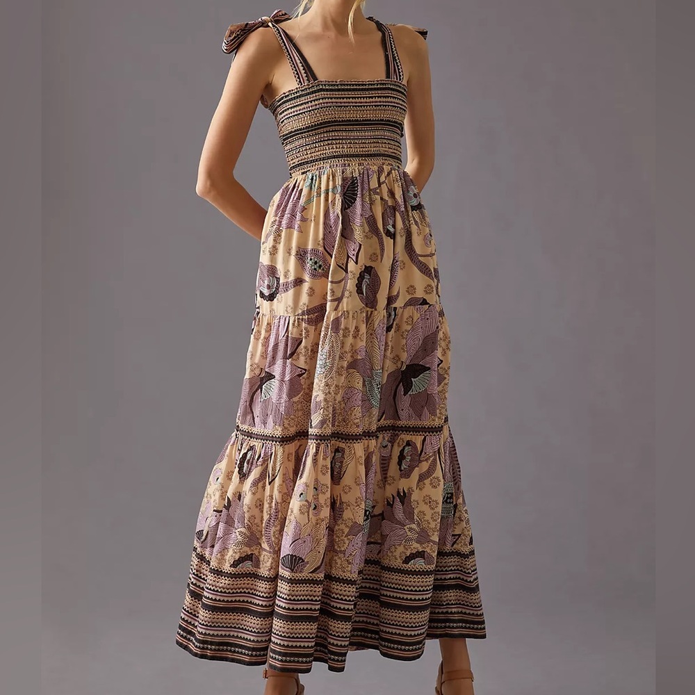 Anthropologie Omika Lana Smocked Maxi Dress Sz S Resortwear Boho Spring Summer